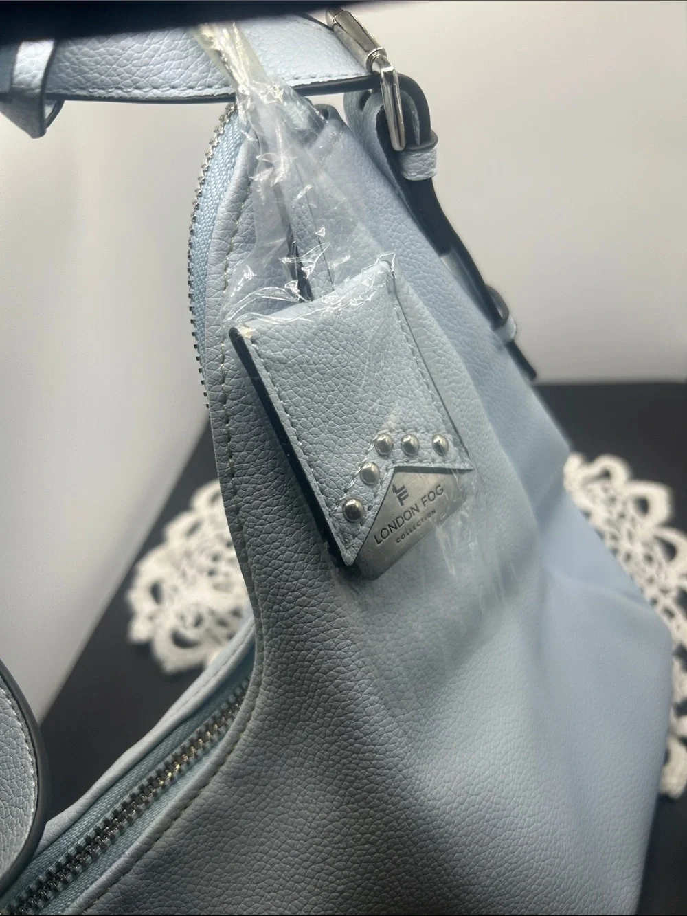 London Fog Pale Blue Pebbled Leather Shoulder Bag